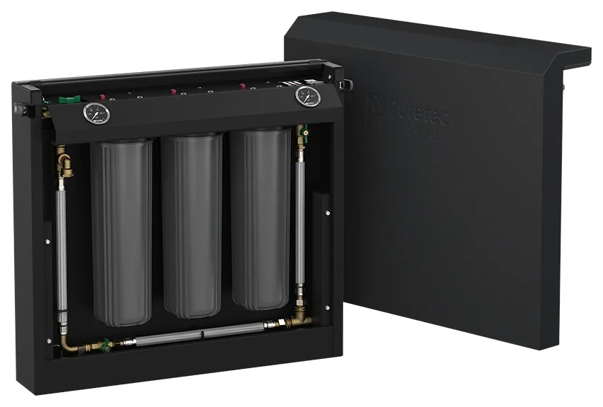 Puretec FilterWall with the cover open, showing the three cartridges