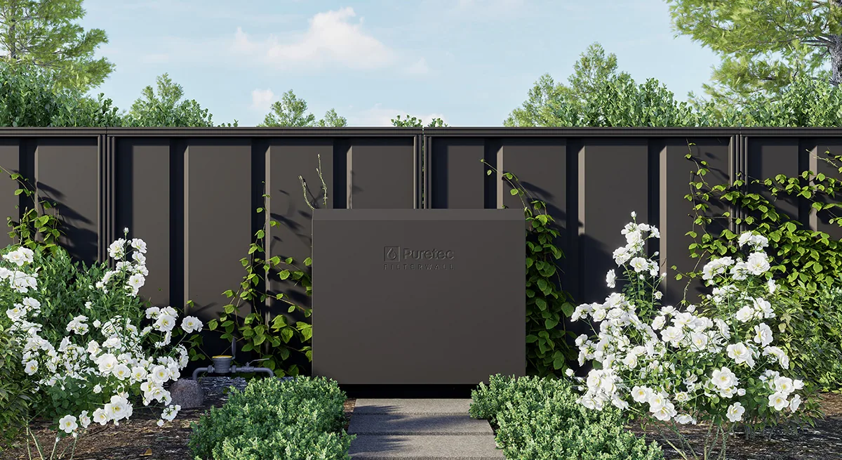 Puretec Filterwall whole-house filtration enclosure mounted on a fence